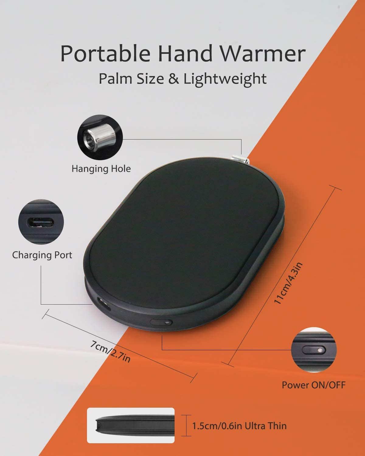 Hand Warmer Rechargeable 5200Mah Electric Handwarmer Reusable USB Pocket Hand Heater Portable Power Bank, Warm Gift for Winter Outdoor Sports Women Men, Double-Sided, Fast Heating, 2 Levels